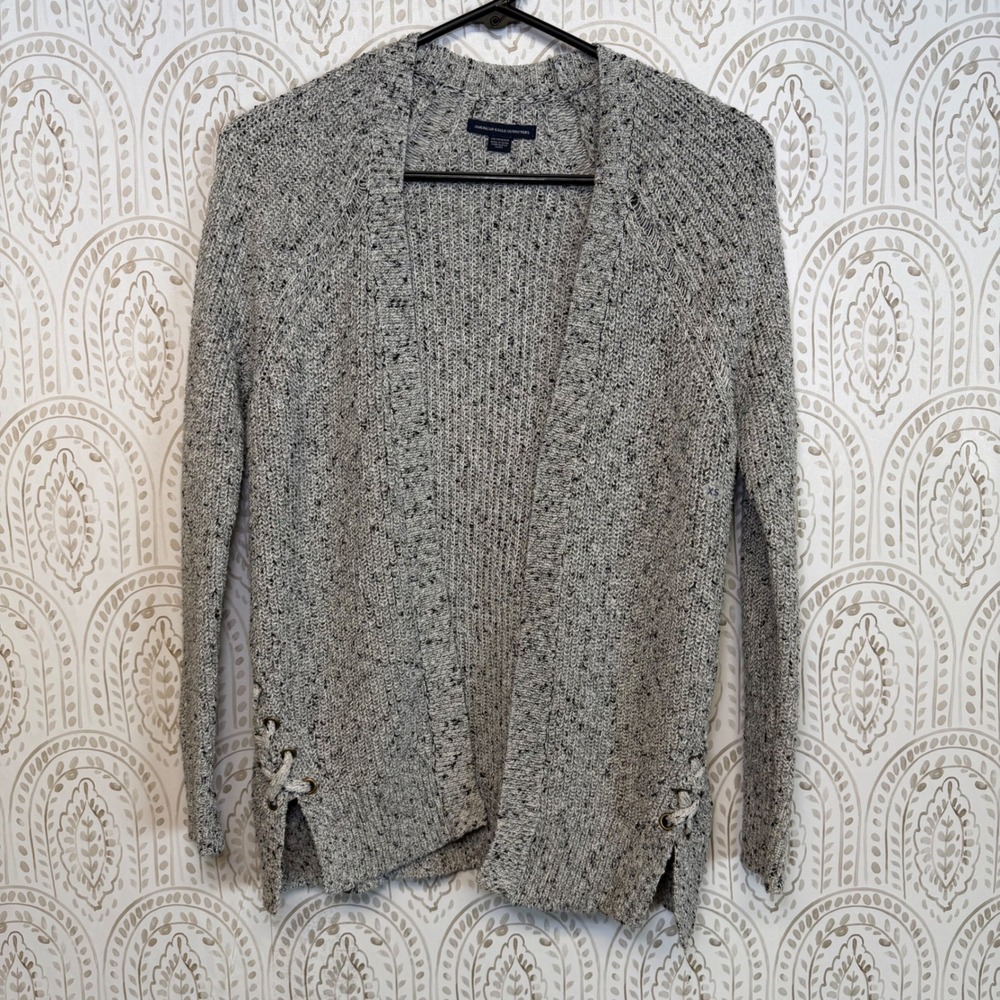American Eagle Marled Grey Lace Up‎ Side Open Front Cardigan Sweater Womens XS